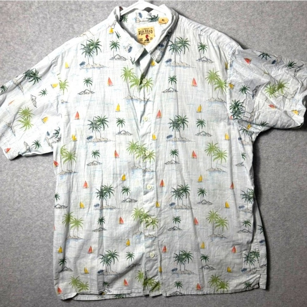 Red Head Brand Co Mens XL Short Sleeve Tropical Palm Tree Sailboat Cotton Shirt
